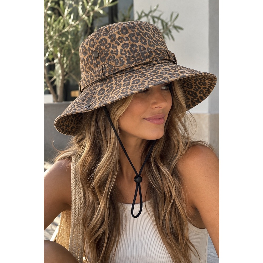 Zara Leopard Print Bucket Hat Wide Brim Adjustable Chin Strap Brown Black Size L
